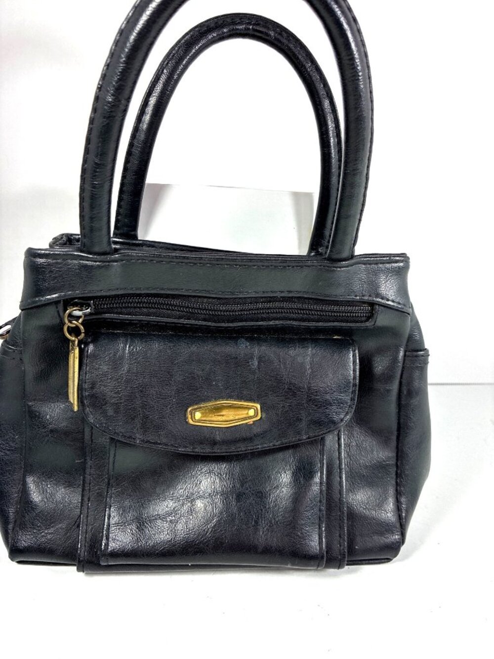 Vintage Black Leather Organizer Handbag 8 Pocket Top Handle Purse Classic Grandm